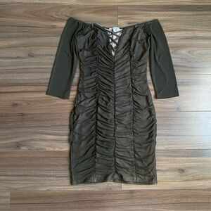 Charlotte Russe Y2K Olive Green Off the Shoulder Long Sleeve Ruched Mini Dress